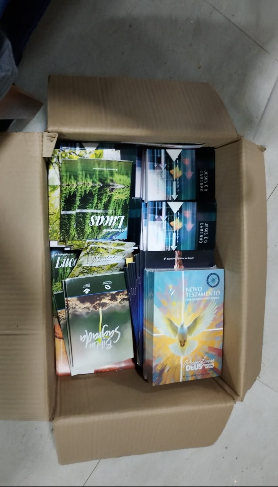 Novos Testamentos recebidos para distribuição.